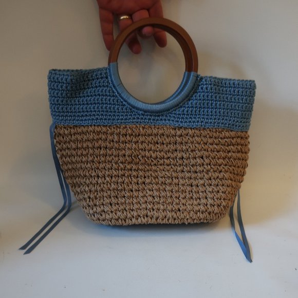 WOMENS UNBILLION BLUE TAN BURLAP WOOD DOUBLE HANDLE HANDBAG * - Picture 1 of 9